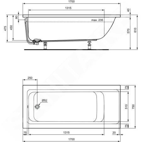 Ideal Standard Connect Air - Baignoire 1.700x750 mm, blanc E106401