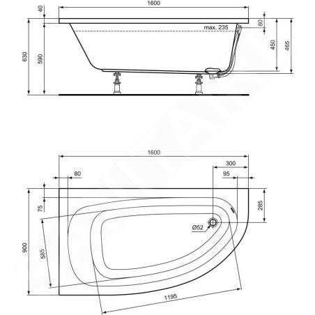 Ideal Standard Hotline - Baignoire d'angle 1.600x900 mm, gauche, blanc K275801