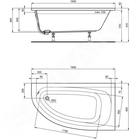 Ideal Standard Hotline - Baignoire d'angle 1.600x900 mm, droit, blanc K275701