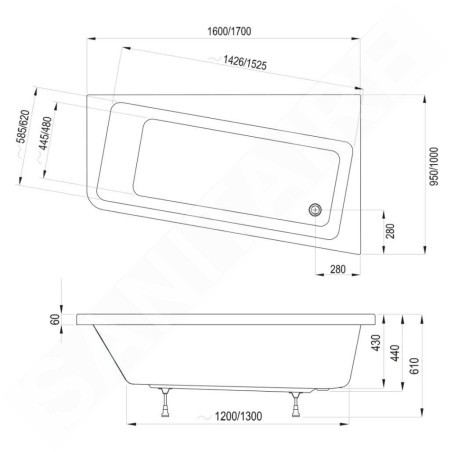 Ravak 10° - Baignoire asymétrique 170 R, 1700x1000 mm, droite, blanc C821000000