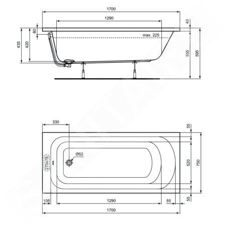 Ideal Standard Simplicity - Baignoire 1.700x750 mm, blanc W004501