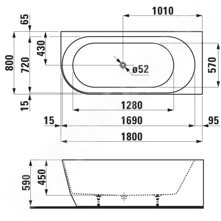 Laufen Pro - Baignoire 1800x800 mm, droite, blanc H2449550000001