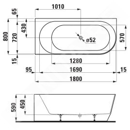 Laufen Pro - Baignoire 1800x800 mm, gauche, blanc H2449560000001