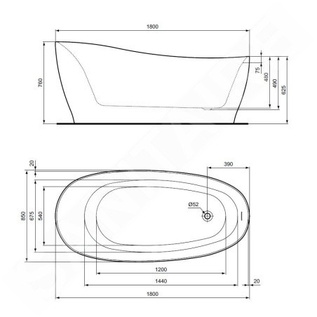 Ideal Standard Around - Baignoire îlot asymétrique 1800x850 mm, blanc brillant/noir brillant K8715V2