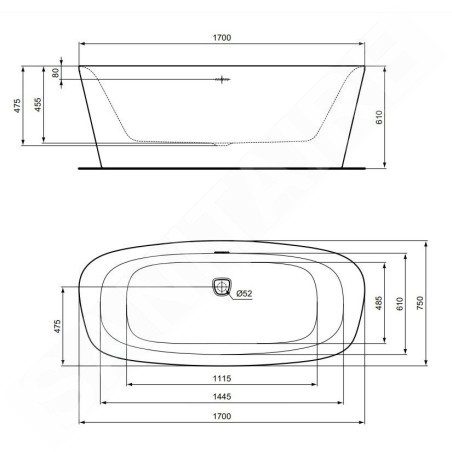 Ideal Standard Dea - Baignoire îlot 1700x750 mm, blanc mat K8720V1