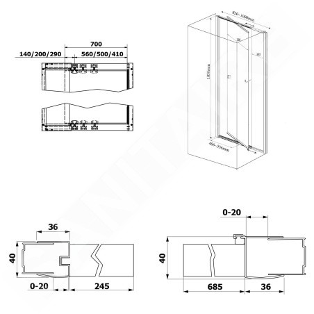 Aqualine Amico - Porte de douche pivotante 820-1000x1850 mm, verre clair G80