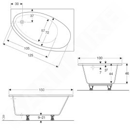 Geberit Selnova - Baignoire d'angle 1500x1000x466 mm, droit, blanc 554.273.01.1