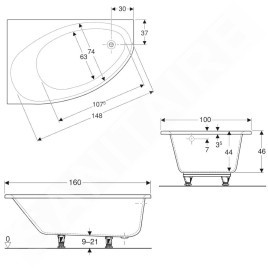 Geberit Selnova - Baignoire d'angle 1600x1000x466 mm, gauche, blanc 554.274.01.1