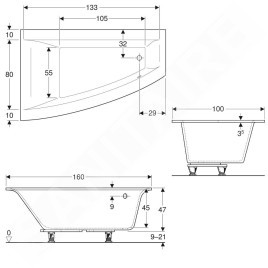 Geberit Selnova Square - Baignoire asymétrique 1600x1000x470 mm, gauche, blanc 554.292.01.1