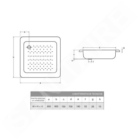 Aqualine Receveurs - Receveur de douche émaillé, 800x800x160 mm, blanc PD80x80