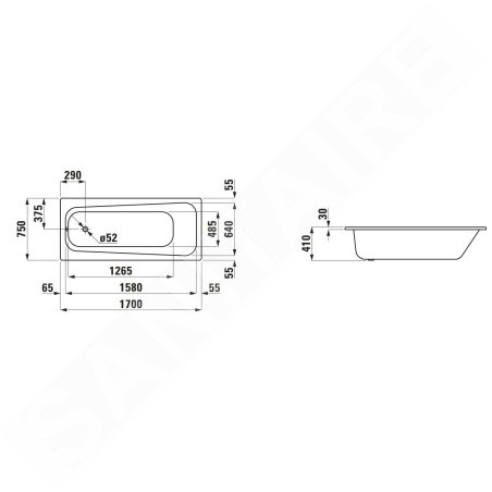 Laufen Pro - Baignoire 1700x750x410 mm, blanc H2259530000401