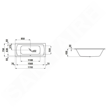 Laufen Pro - Baignoire 1700x750x450 mm, blanc H2269500000401