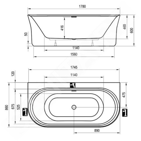 Ravak Ypsilon Wall - Baignoire autoportante, 1780x860 mm, blanche XC00100035