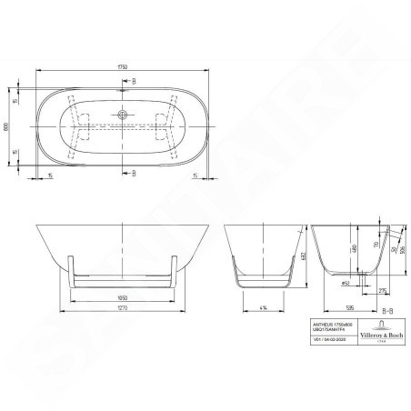 Villeroy & Boch Antheus - Baignoire en îlot 175x80 cm, blanc alpin UBQ175ANH7F400V-01