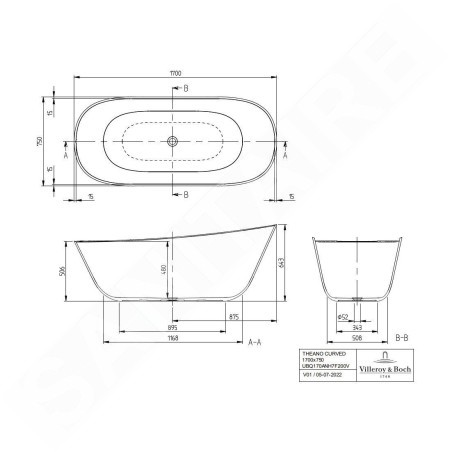 Villeroy & Boch Theano - Baignoire en îlot, 170x75 cm, SilentFlow, blanc alpin UBQ170ANH7F200TV01