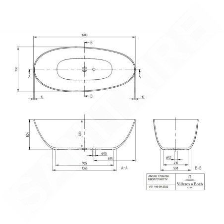 Villeroy & Boch Antao - Baignoire en îlot, 170x75 cm, SilentFlow, blanc alpin UBQ170TAO7TV-01