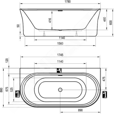 Ravak Ypsilon Wall - Baignoire autoportante, 1780x860 mm, blanche XC00100047