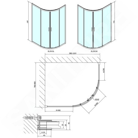 Polysan Easy Line - Paroi de douche quart de cercle, 1000 x 800 mm, aluminium/verre clair EL2915