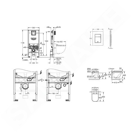 Grohe Rapid SLX - Ensemble bâti-support, cuvette de toilette, siège, plaque de déclenchement Skate Cosmopolitan S, Rimless,