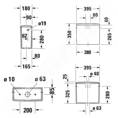 Duravit ME by Starck - Réservoir 395 x 180 mm avec mécanisme double touche, pour alimentation latérale, WonderGliss, blanc