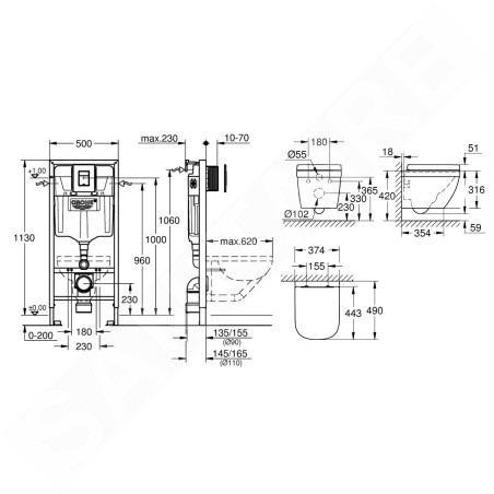 Grohe Solido - Set d’installation murale, toilettes et siège Euro Ceramic Compact, softclose, Triple Vortex, bouton Even,