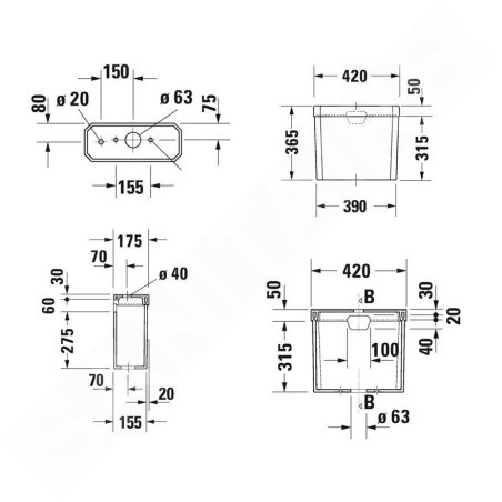 Duravit 1930 - Réservoir de chasse d’eau, 420 x 175 mm, blanc 0872210005