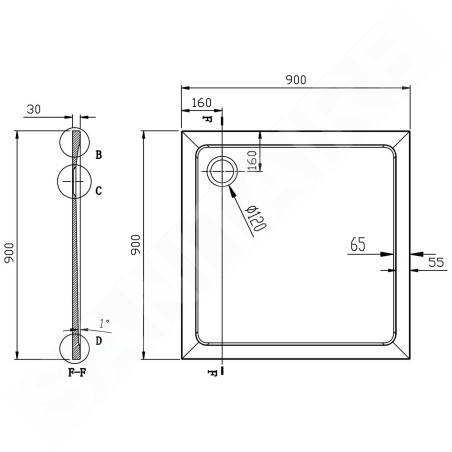 Aqualine Receveurs - Receveur de douche Tecmi, 900x900x30 mm, blanc PQ009