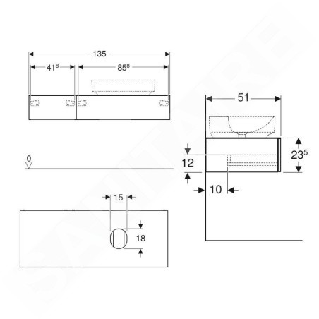 Geberit VariForm - Meuble pour lavabo, 1350x510x235 mm, 2 tiroirs et bouchon anti-odeurs, chêne 501.181.00.1
