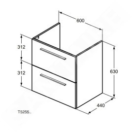 Ideal Standard i.Life A - Meuble sous lavabo, 600x440x630 mm, 2 tiroirs, blanc mat T5255DU