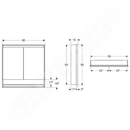 Geberit ONE - Armoire miroir avec éclairage LED, 900x900x150 mm, 2 portes, avec niche, encastrée, aluminium 505.823.00.1