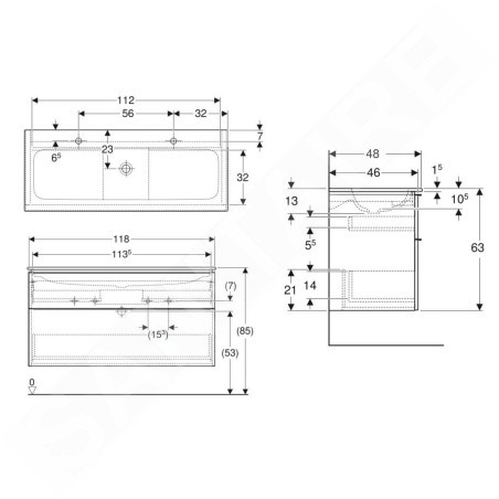 Geberit iCon - Meuble avec double lavabo, 118x48x63 cm, 2 tiroirs, KeraTect, blanc brillant 502.334.01.1