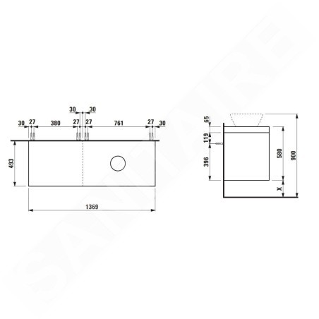 Laufen Lani - Meuble sous-lavabo, 58x137x49 cm, 4 tiroirs, découpe à droite, blanc mat/chêne H4065831122601