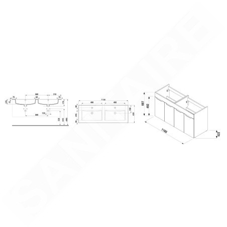 Jika Cube - Meuble avec double-lavabo 116x43x61 cm, frêne H4536611765141