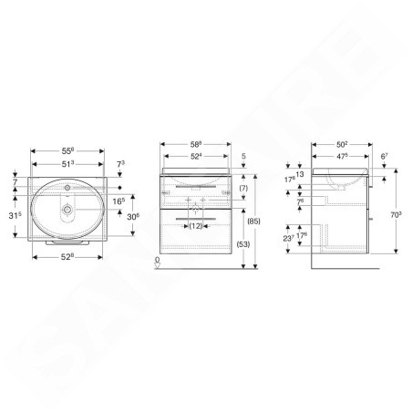 Geberit Selnova Square - Meuble avec lave-mains, 59 x 50 x 70 cm, 2 tiroirs, noix de hickory 502.870.00.1
