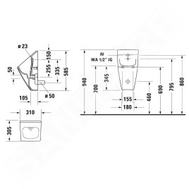Duravit Viu - Urinoir, arrivée d'eau arrière, Rimless, avec WonderGliss, blanc 28163000071