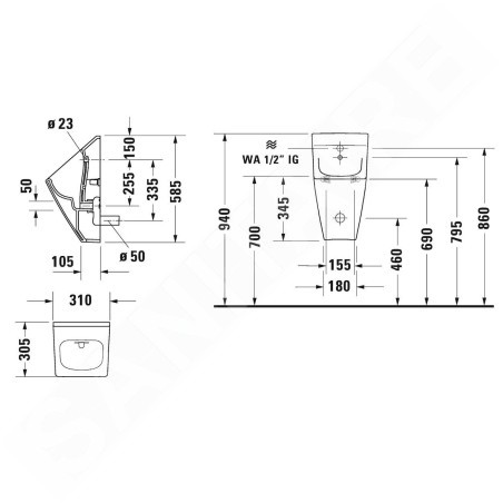 Duravit Viu - Urinoir, arrivée d'eau arrière, Rimless, avec WonderGliss, blanc 28163000071