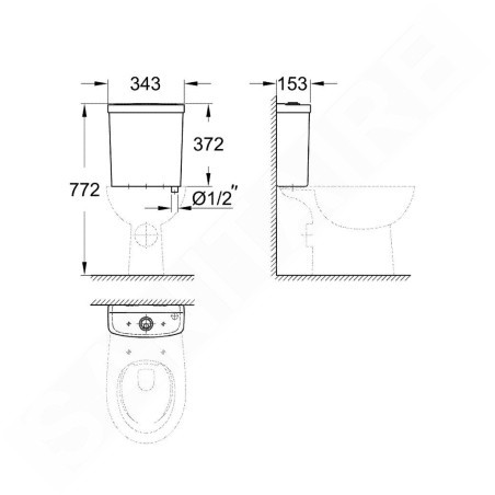 Grohe Bau Ceramic - Réservoir de chasse pour WC combi, 343x153 mm, alimentation par le bas, blanc alpin 39436000
