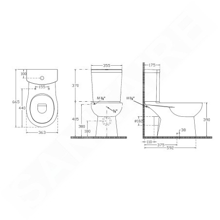 Sapho Céramique - WC à POSER Kairo, avec douchette de bidet, évacuation à l’arrière, blanc PC106