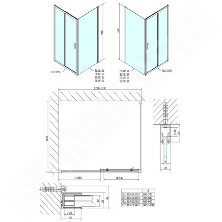 Polysan Easy Line - Porte de douche 1300 mm, aluminium poli/verre transparent EL1315