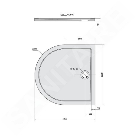 Polysan Receveurs de douche - Receveur de douche demi-cercle ISA 100, 1000x1000 mm, blanc 72888