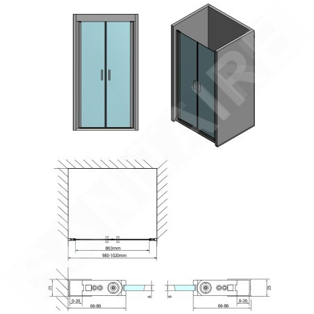 Polysan Zoom Line - Porte de douche à deux battants 1000 mm, aluminium poli/verre clair ZL1710