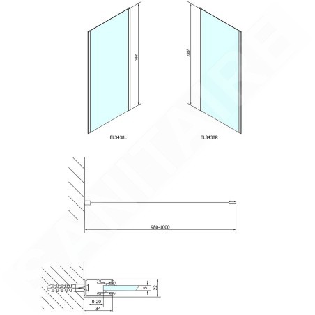 Polysan Easy Line - Paroi de douche latérale, 1000 mm, verre Brick EL3438