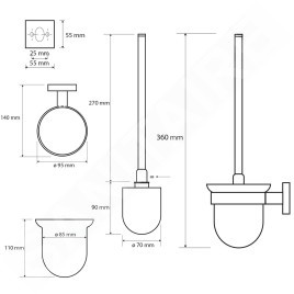 Sapho X-SQUARE - Balayette de toilette murale avec support, verre dépoli/chrome XQ301