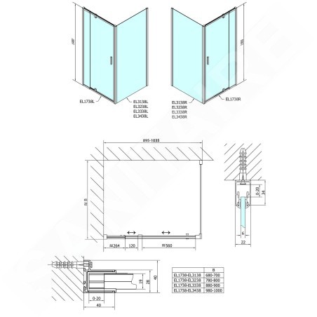 Polysan Easy Line - Porte de douche pivotante 880-1020 mm, verre Brick EL1738