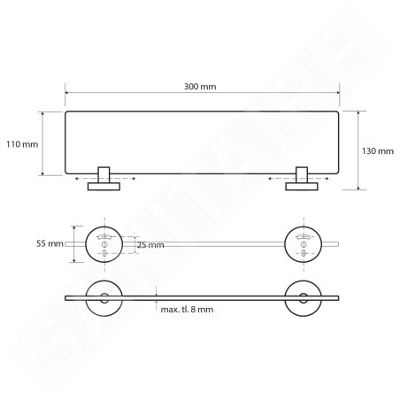 Sapho X-Round - Tablette murale 300x130 mm, verre/chrome XR601