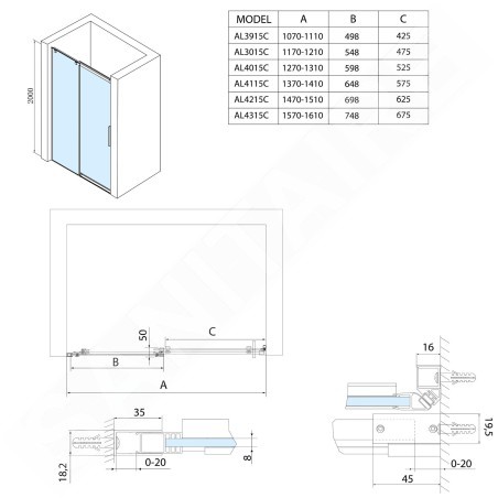 Polysan Altis Line - Porte de douche en deux parties 1070-1110 mm, aluminium brillant/verre transparent AL3915C