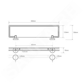Sapho X-Round - Tablette murale, longeur 300 mm, verre/chrome XR607