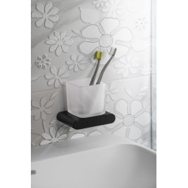 Sapho Flori - Gobelet pour brosse à dents et dentifrice avec support, verre dépoli/noir mat RF004/15