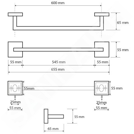 Sapho X-SQUARE - Porte-serviettes, longueur 655 mm, chrome XQ403