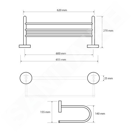 Sapho X-Round - Tablette murale pour serviettes, longeur 655 mm, chrome XR418